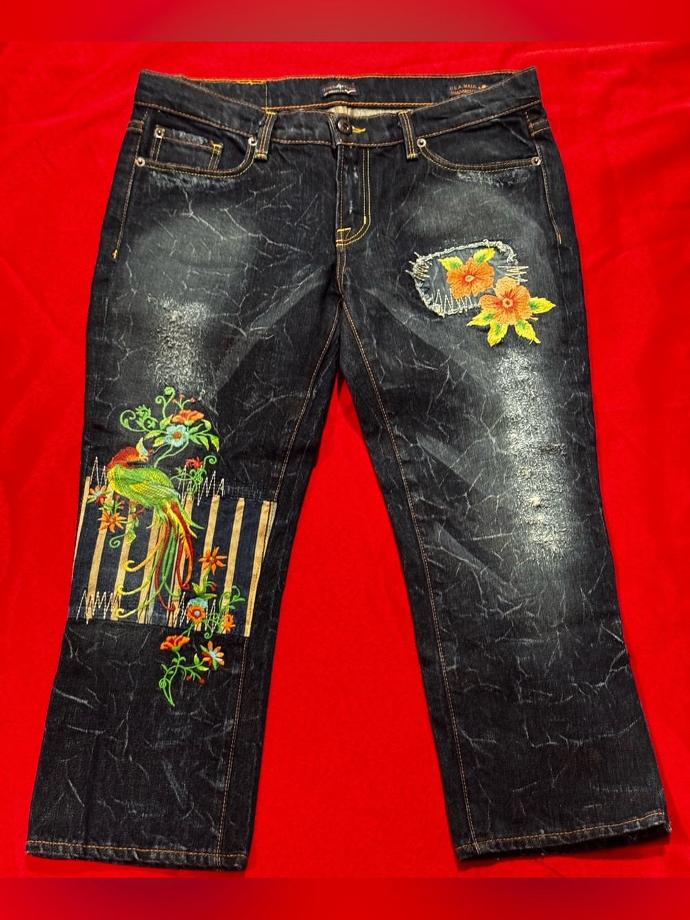 People4Peace Dark Wash Cropped Jeans with Embroidered Parrot & Flowers